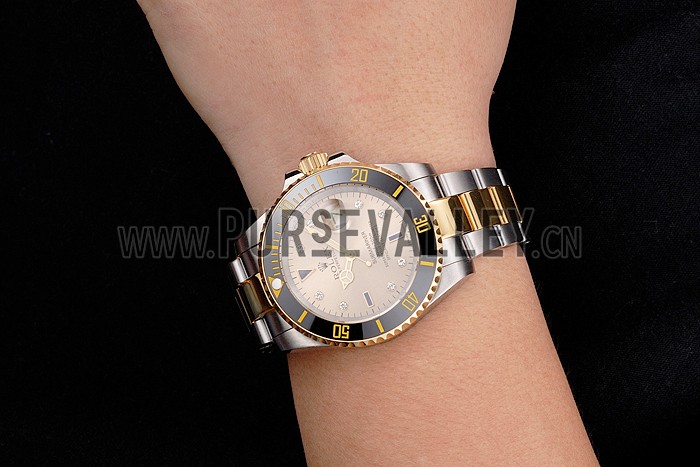 Swiss Rolex Submariner Gold Dial Diamond Markings Black Bezel Two Tone Steel Gold Bracelet