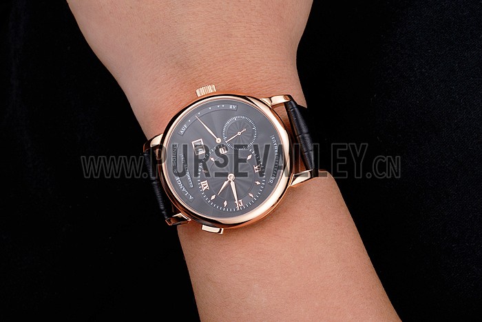 A. Lange & Sohne Lange 1 Black Dial Rose Gold Case Black Leather Strap
