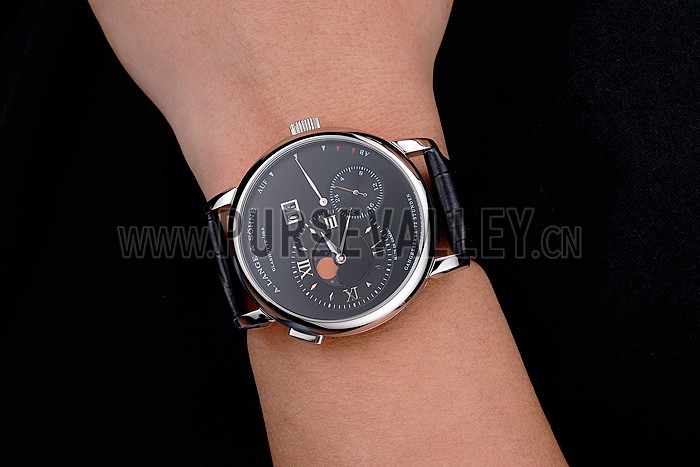 A. Lange & Sohne Grand Lange 1 Moon Phase Black Dial Stainless Steel Case Black Leather Strap