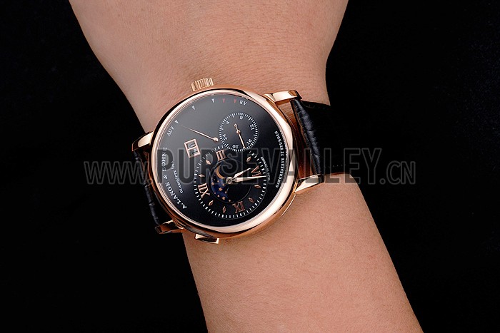 A. Lange & Sohne Grand Lange 1 Moon Phase Black Dial Rose Gold Case Black Leather Strap
