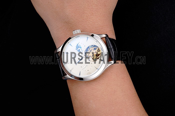 Jaeger LeCoultre Master Moonphase Tourbillon White Dial Stainless Steel Case Black Leather Strap