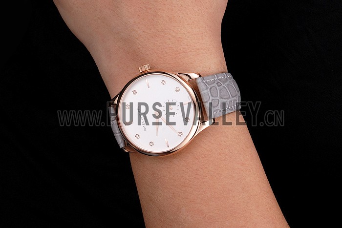 Patek Philippe Calatrava White Dial Diamond Markings Rose Gold Case Gray Leather Strap