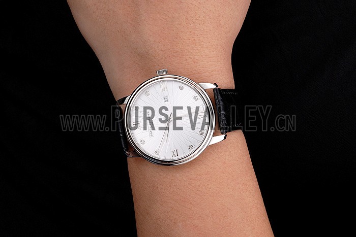 Patek Philippe Calatrava Date White Embossed Dial Stainless Steel Case Black Leather Strap