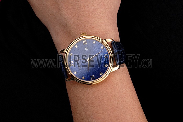 Patek Philippe Calatrava Date Blue Embossed Dial Gold Case Blue Leather Strap