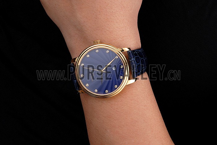Patek Philippe Calatrava Date Blue Guilloche Dial Gold Case Blue Leather Strap