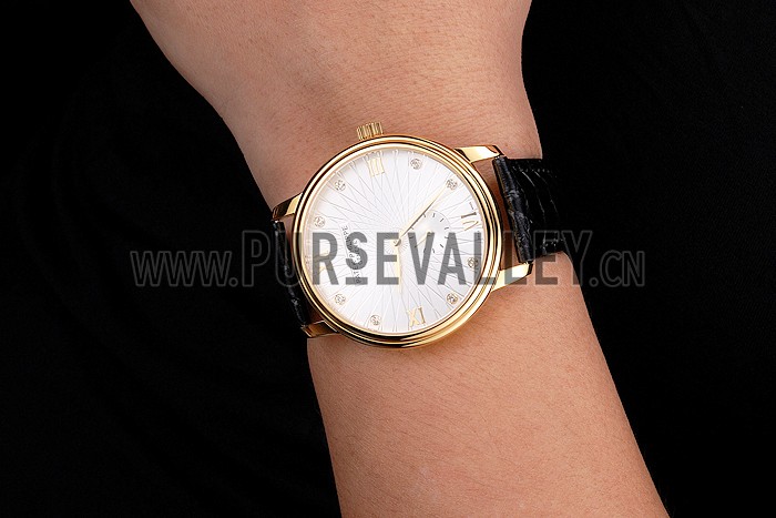 Patek Philippe Calatrava White Embossed Dial Gold Case Black Leather Strap