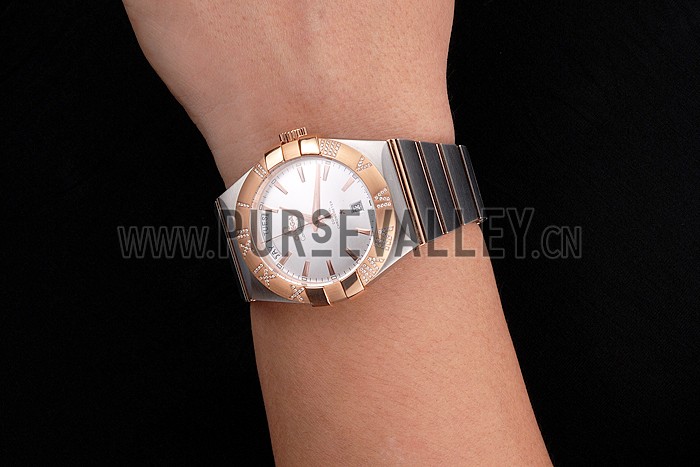 Swiss Omega Constellation White Dial Stainless Steel Case Rose Gold Bezel Two Tone Bracelet
