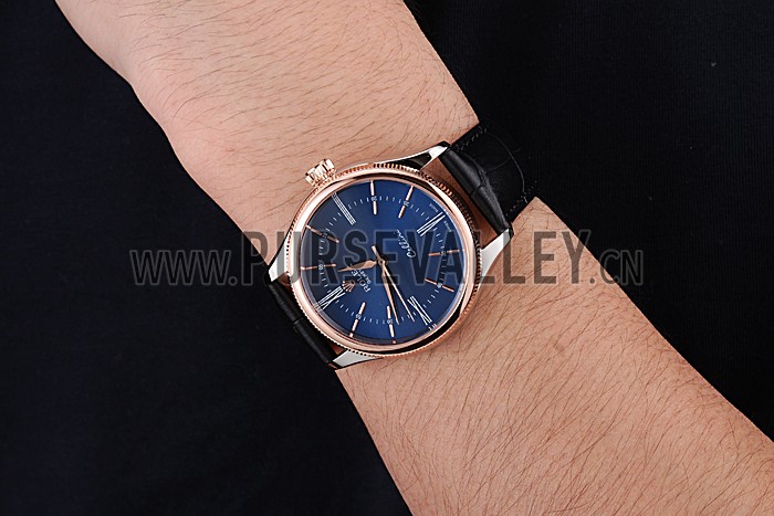 Rolex Cellini Blue Dial Gold Bezel Stainless Steel Case Black Leather Strap 622841