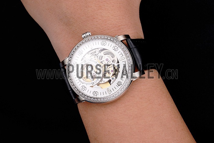 Swiss Patek Philippe Complications Openworked Dial Diamond Bezel Stainless Steel Case Black Leather Strap