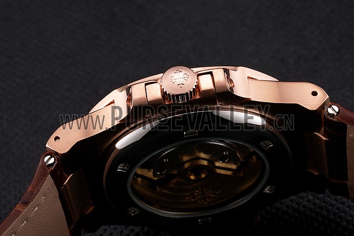 Patek Philippe Nautilus White Dial Rose Gold Case Brown Leather Strap