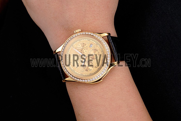 Swiss Patek Philippe Grand Complications Power Reserve Gold Dial And Case Diamond Bezel Black Leather Strap