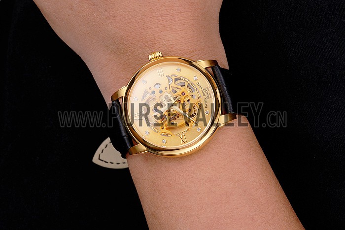 Swiss Patek Philippe Complications Openworked Dial Gold Case Black Leather Strap