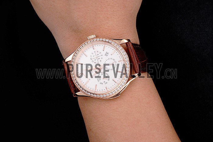 Swiss Patek Philippe Grand Complications Perpetual Calendar White Dial Rose Gold Case Diamond Bezel Brown Leather Strap