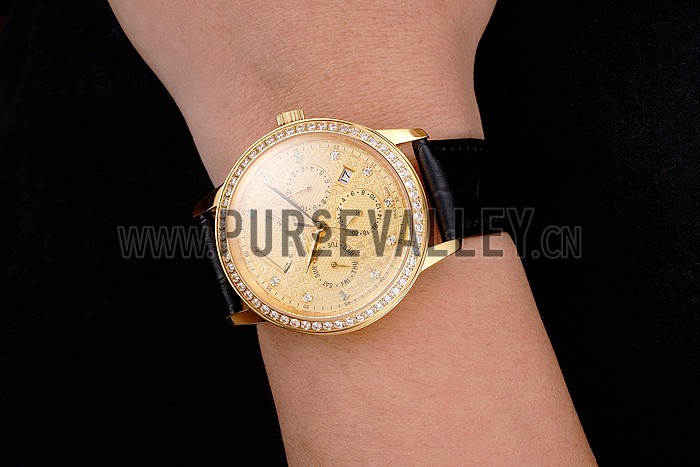 Swiss Vacheron Constantin Traditionnelle Power Reserve Gold Dial And Case Diamond Bezel Black Leather Strap