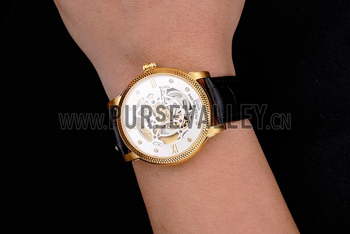 Swiss Patek Philippe Complications Openworked Dial Gold Case Fluted Bezel Black Leather Strap