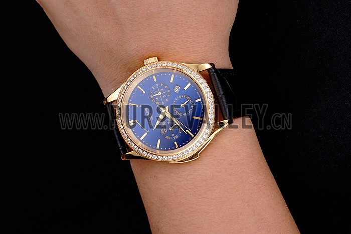 Swiss Patek Philippe Grand Complications Perpetual Calendar Blue Dial Gold Case Diamond Bezel Black Leather Strap