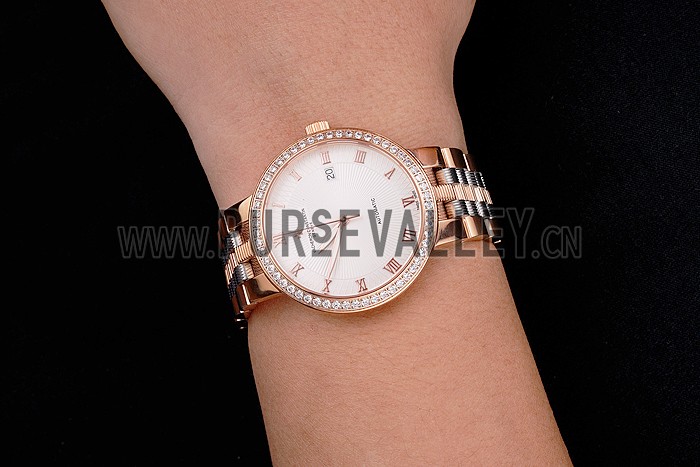 Swiss Vacheron Constantin Traditionnelle White Dial Diamond Bezel Rose Gold Case Two Tone Bracelet