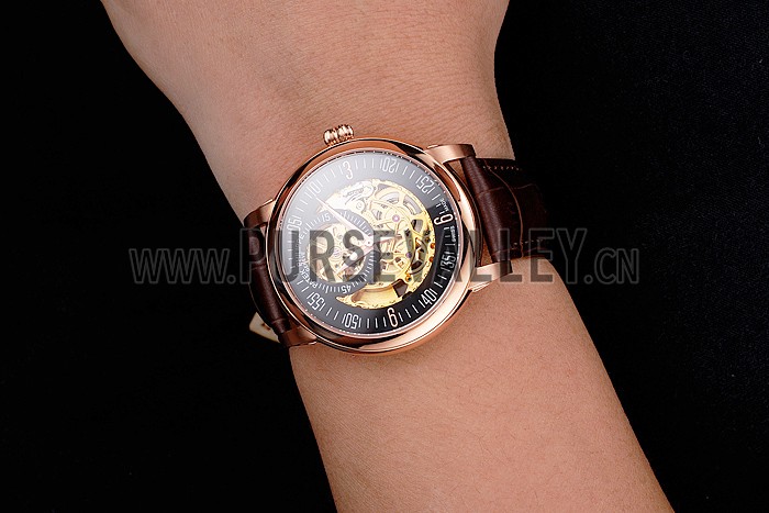 Swiss Patek Philippe Complications Openworked Dial Rose Gold Case Brown Leather Strap