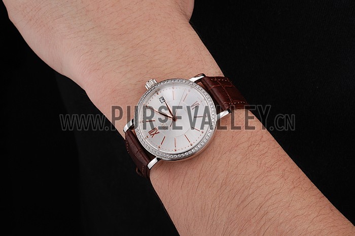IWC Portofino Silver Dial Stainless Steel Case Diamonds Bezel Brown Leather Strap