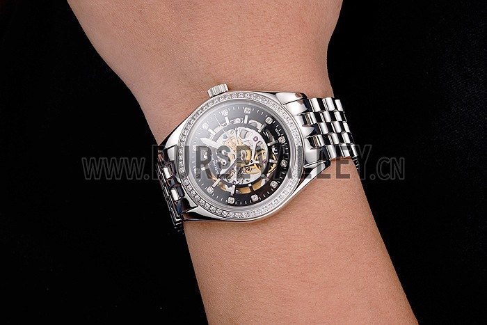 Swiss Patek Philippe Calatrava Black Openworked Dial Diamond Bezel Stainless Steel Case And Bracelet