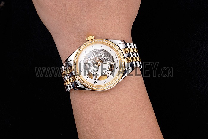 Swiss Patek Philippe Calatrava Openworked Stainless Steel Case Gold Bezel Two Tone Bracelet