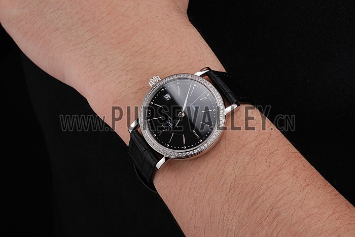 IWC Portofino Black Dial Stainless Steel Case Diamonds Bezel Black Leather Strap