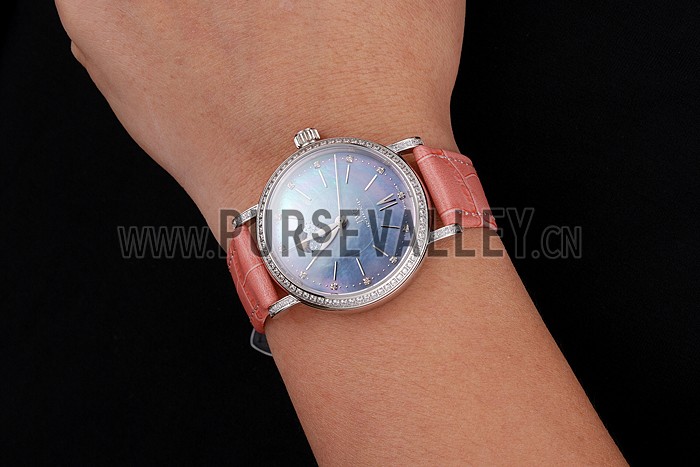 IWC Portofino Moon Phase Mother Of Pearl Dial Stainless Steel Case Diamonds Bezel Pink Leather Strap