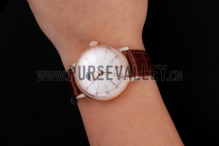 IWC Portofino Moon Phase Silver Dial Rose Gold Case Diamonds Bezel Brown Leather Strap