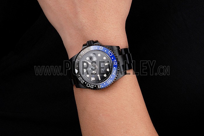 Swiss Rolex GMT Master II Black Dial Blue And Black Bezel Black PVD Case And Bracelet