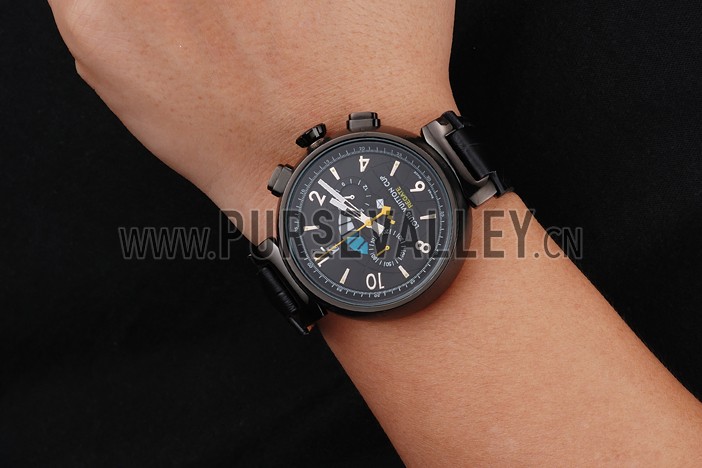 Louis Vuitton Tambour LV Cup Regate Black Dial Black PVD Case Black Leather Strap