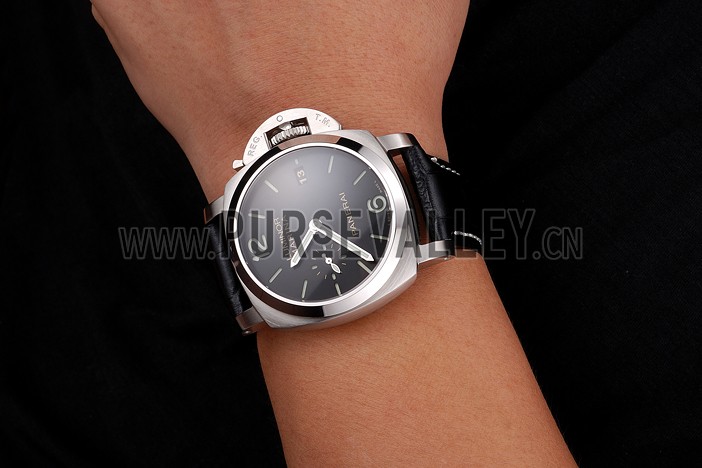 Swiss Panerai Luminor Marina Date Black Dial Stainless Steel Case Black Leather Strap