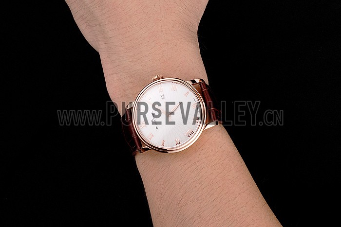 Blancpain Villeret Ultra Slim White Groved Dial Gold Numerals Rose Gold Case Brown Leather Strap