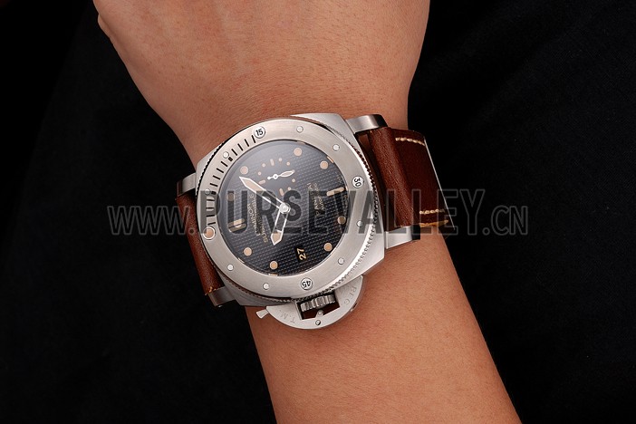 Swiss Panerai Submersible Left Handed Black Embossed Case Stainless Steel Case Brown Leather Strap