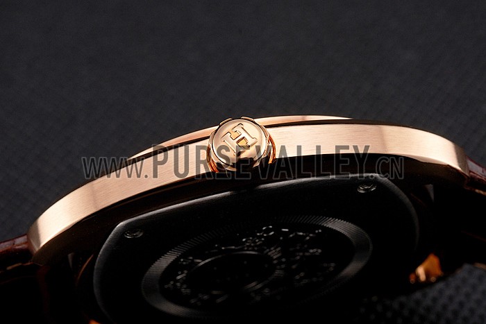 Hermes Dressage White Dial Rose Gold Case Brown Leather Strap