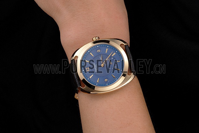 Hermes Dressage Blue Dial Gold Case Black Leather Strap