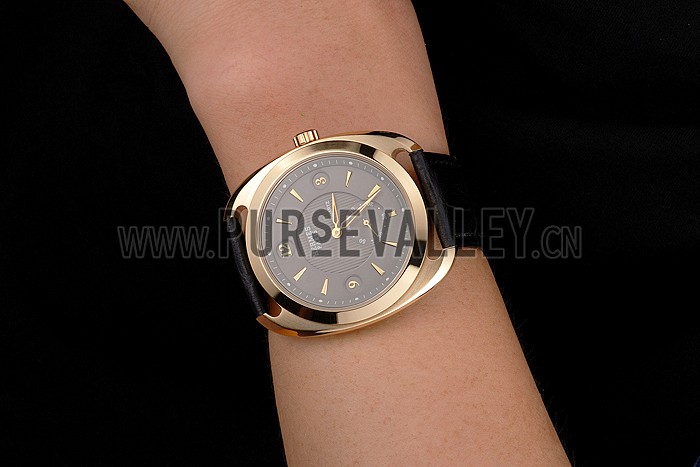 Hermes Dressage Gray Dial Gold Case Black Leather Strap