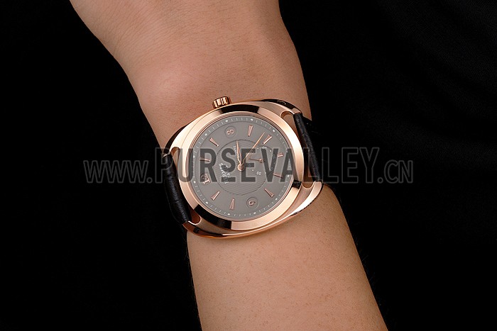 Hermes Dressage Light Brown Dial Rose Gold Case Black Leather Strap