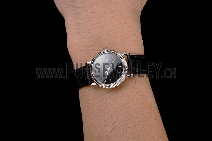 Patek Philippe Calatrava Black Dial Double Ribbed Bezel Stainless Steel Case Black Leather Strap