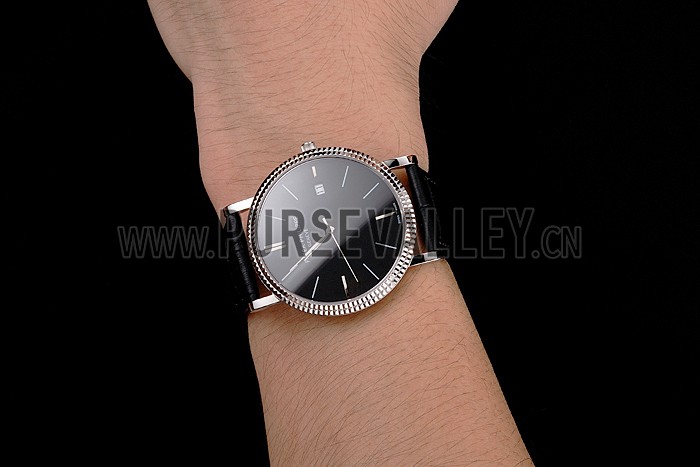 Patek Philippe Calatrava Black Dial Ribbed Bezel Stainless Steel Case Black Leather Strap