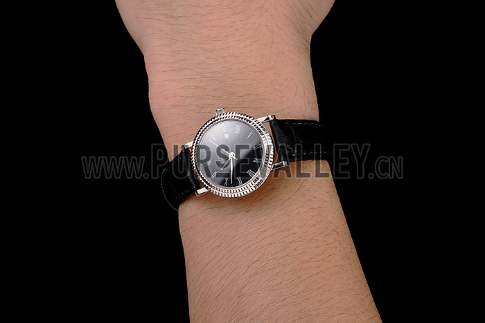 Patek Philippe Calatrava Black Dial Roman Numerals Double Ribbed Bezel Stainless Steel Case Black Leather Strap