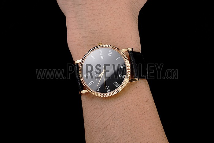 Patek Philippe Calatrava Black Dial Roman Numerals Ribbed Bezel Gold Case Black Leather Strap