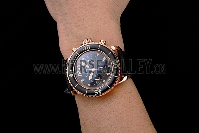 Swiss Blancpain Fifty Fathoms Flyback Chronograph Black Dial Black Bezel Rose Gold Case Black Canvas Strap