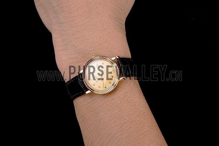 Patek Philippe Calatrava Gold Dial Dimond Hour Marks Double Ribbed Bezel Gold Case Black Leather Strap