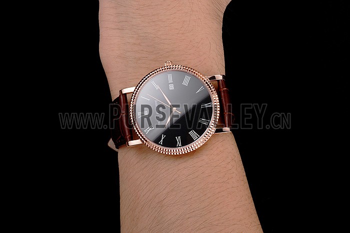 Patek Philippe Calatrava Black Dial Roman Numerals Ribbed Bezel Rose Gold Case Brown Leather Strap
