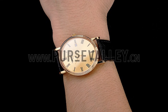 Patek Philippe Calatrava Gold Dial Roman Numerals Ribbed Bezel Gold Case Black Leather Strap