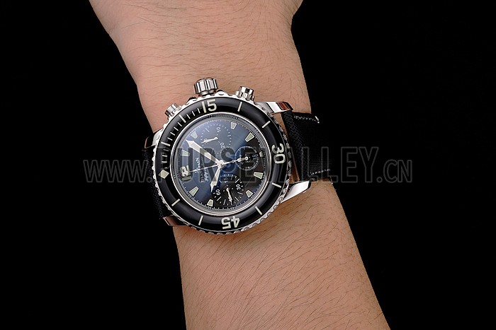 Swiss Blancpain Fifty Fathoms Flyback Chronograph Black Dial Black Bezel Stainless Steel Case Black Canvas Strap