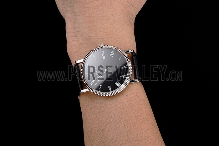 Patek Philippe Calatrava Black Dial Roman Numerals Ribbed Bezel Stainless Steel Case Black Leather Strap