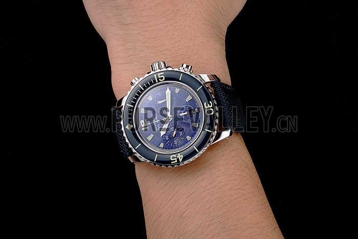 Swiss Blancpain Fifty Fathoms Flyback Chronograph Blue Dial Blue Bezel Stainless Steel Case Blue Canvas Strap