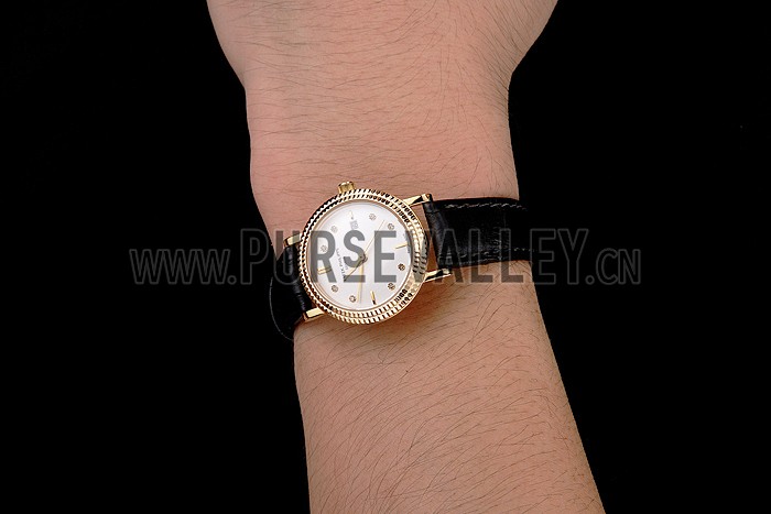 Patek Philippe Calatrava White Dial Diamond Hour Marks Double Ribbed Bezel Gold Case Black Leather Strap