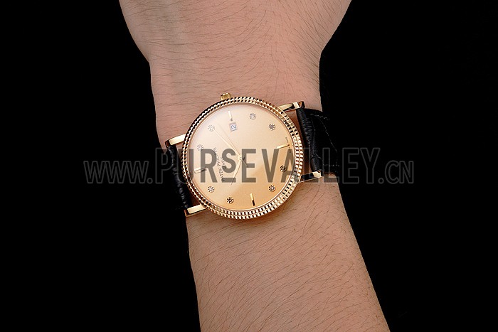 Patek Philippe Calatrava Gold Dial Diamond Hour Marks Ribbed Bezel Gold Case Black Leather Strap